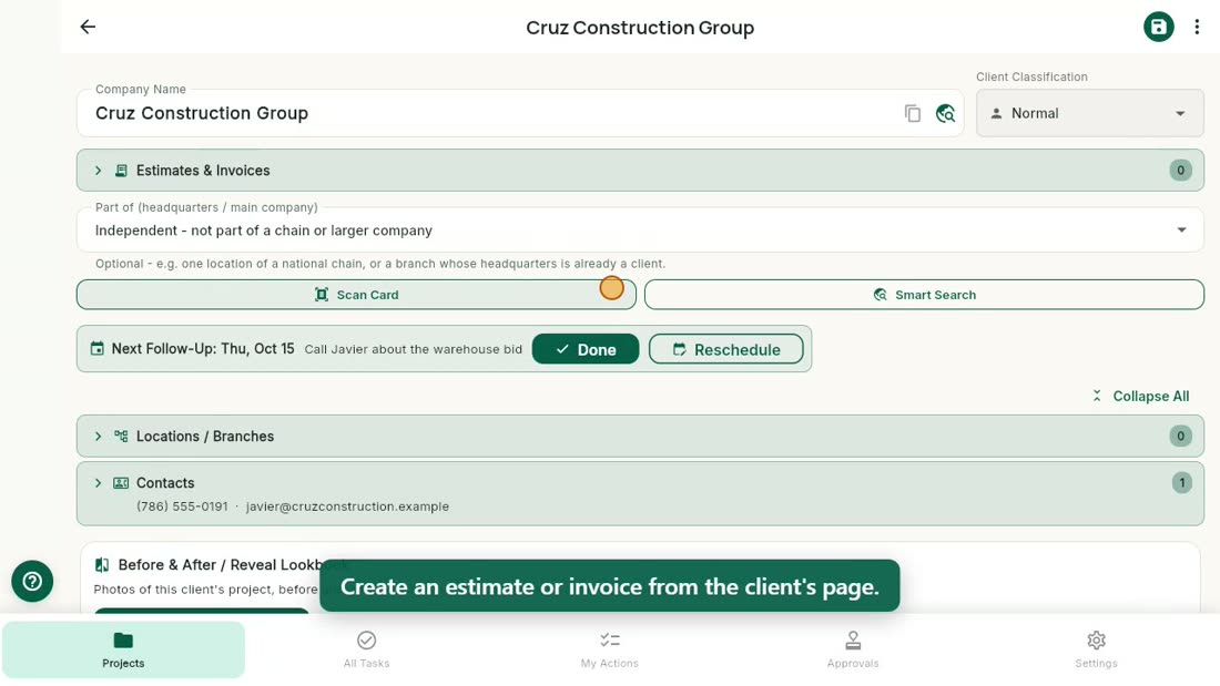 Creating an estimate from a client's page in Bee203.