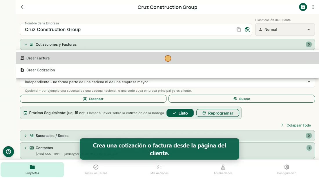 Crear una cotización o factura desde la página de un cliente en Bee203.