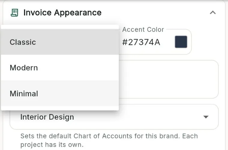 Invoice Appearance settings: template, accent color and footer