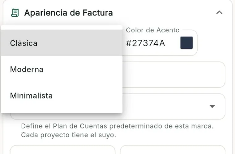 Apariencia de Factura: plantilla, color de acento y pie de factura