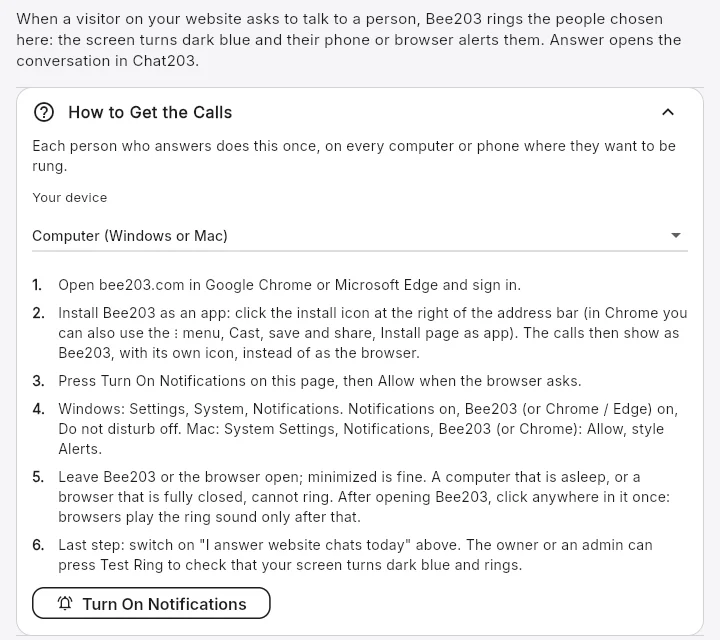 The Website Chat Calls page in Bee203 with the How to Get the Calls steps for a computer and the ring order for each person