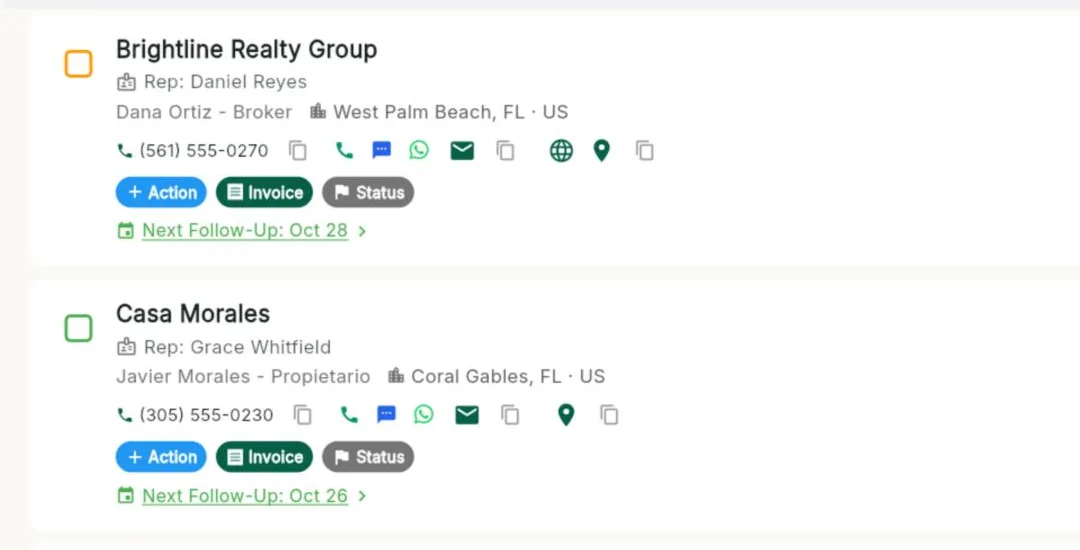 Two clients in the Bee203 client list with one-tap call, text, WhatsApp and email buttons