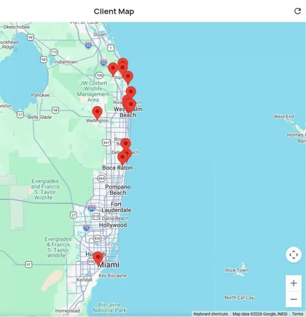 Clients shown as pins on a map of South Florida