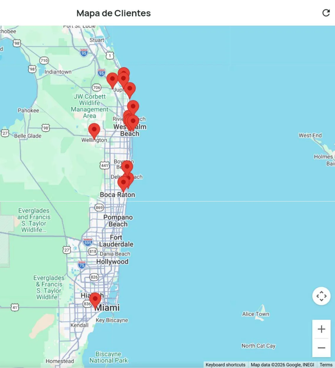 Clientes como pines en un mapa del sur de Florida