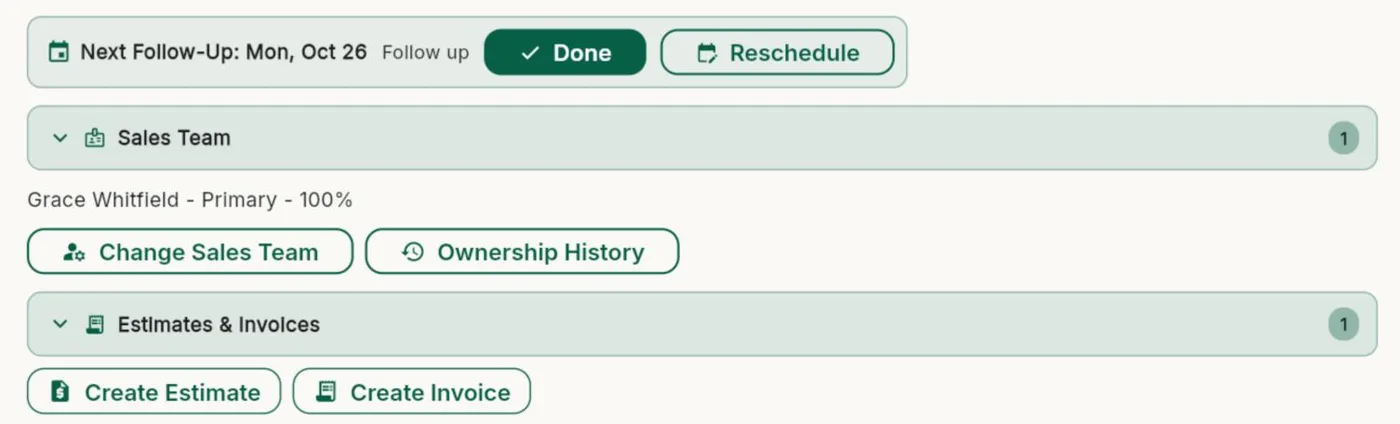 A client page in Bee203 with the next follow-up, sales team and create estimate or invoice buttons