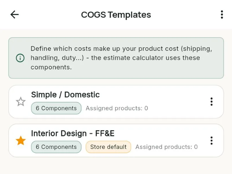 COGS templates, with Interior Design FF&E as the store default