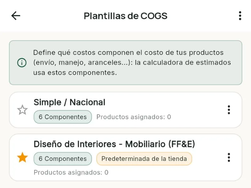 Plantillas de COGS, con Diseño de Interiores (mobiliario) como predeterminada