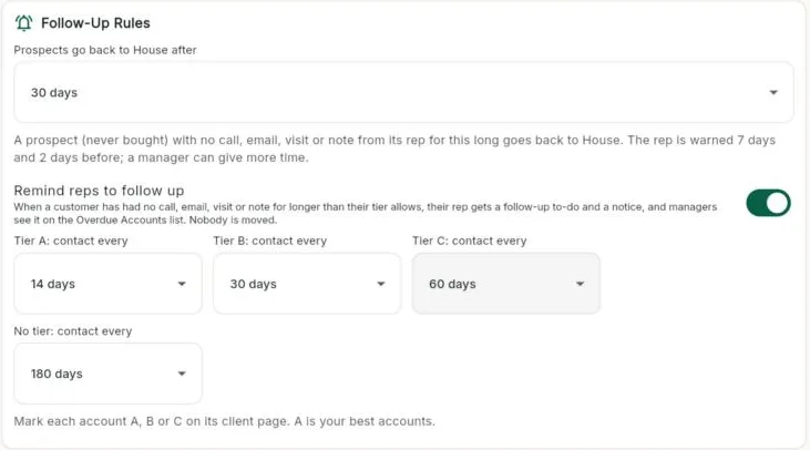 Follow-up rules with A, B and C account tiers and contact intervals