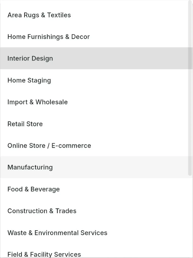 The list of industries in the setup wizard
