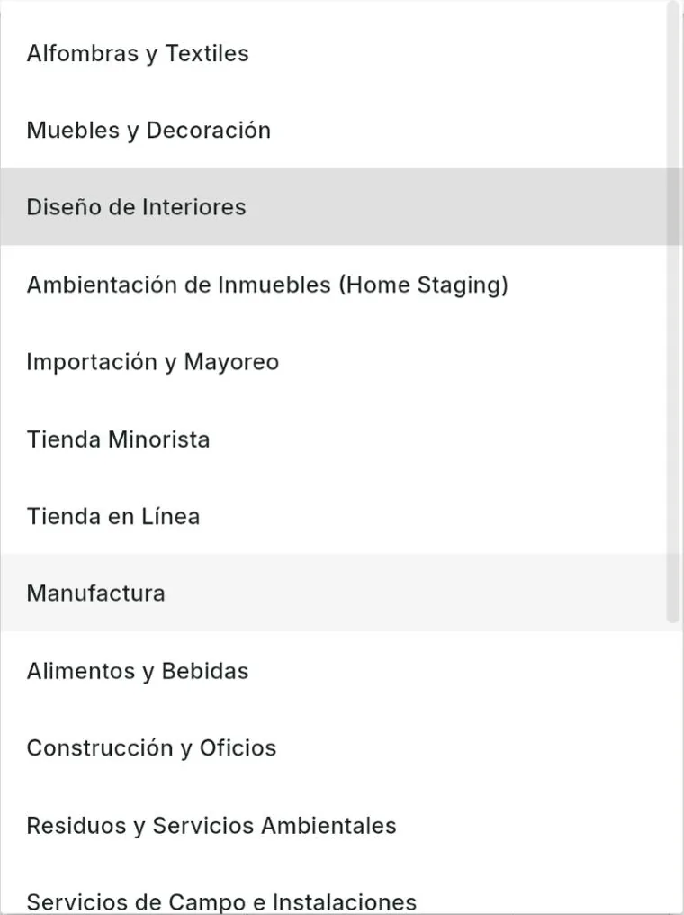 La lista de industrias del asistente de configuración