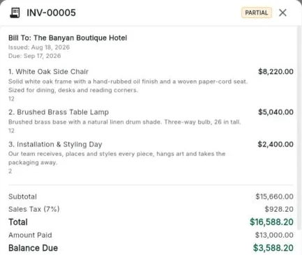 A Bee203 invoice with line items, sales tax, amount paid and balance due