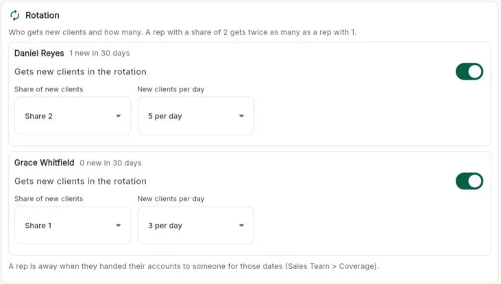 Lead rotation settings: share of new clients and new clients per day for each rep