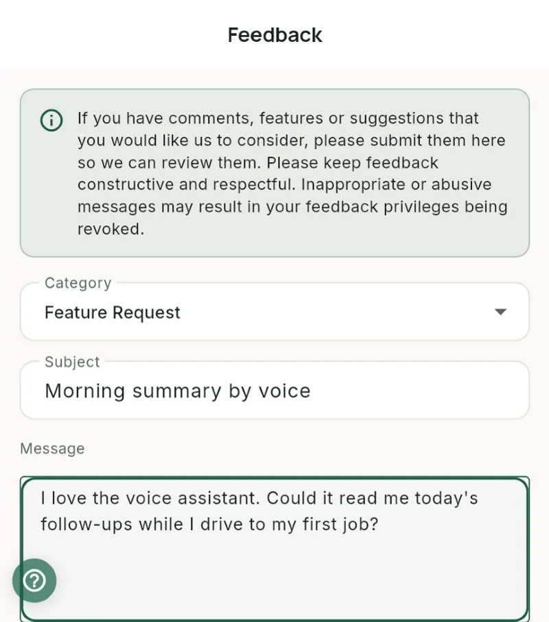 Sending a feature request to the Bee203 developers from the app