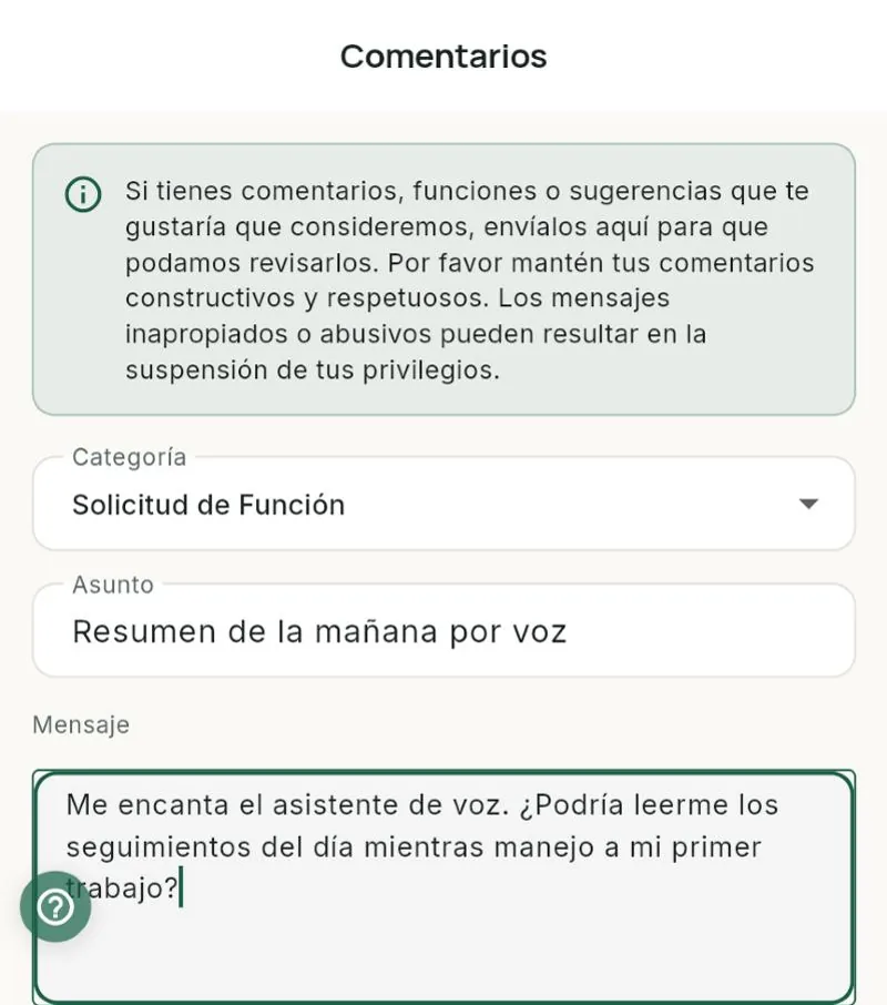Enviar una solicitud de función a los desarrolladores de Bee203 desde la app