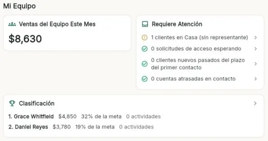 Ventas del equipo del mes, lo que requiere atención y la clasificación contra la meta