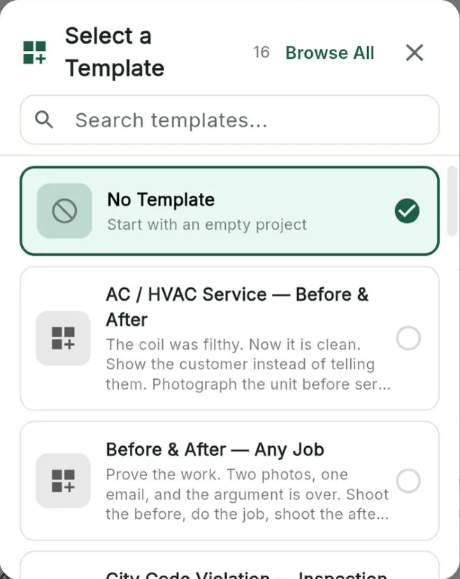 Choosing one of 16 ready-made templates when creating a project