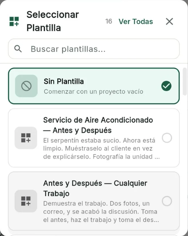Elegir una de 16 plantillas listas al crear un proyecto