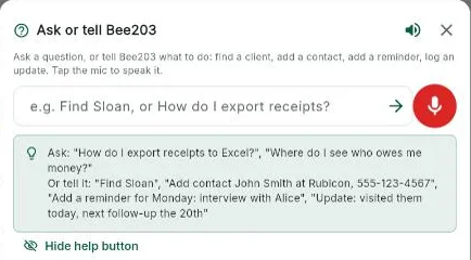 The Bee203 voice assistant: ask or tell Bee203, with a microphone button