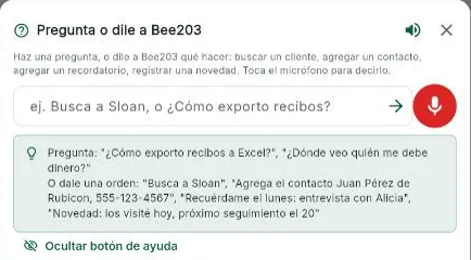 El asistente de voz de Bee203: pregunta o dile a Bee203, con botón de micrófono