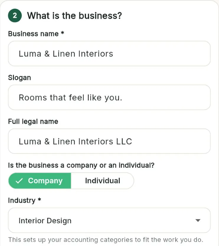 Setup wizard: business name, company or individual, and industry