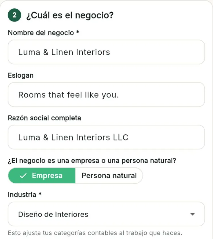 Asistente de configuración: nombre del negocio, empresa o persona natural, e industria