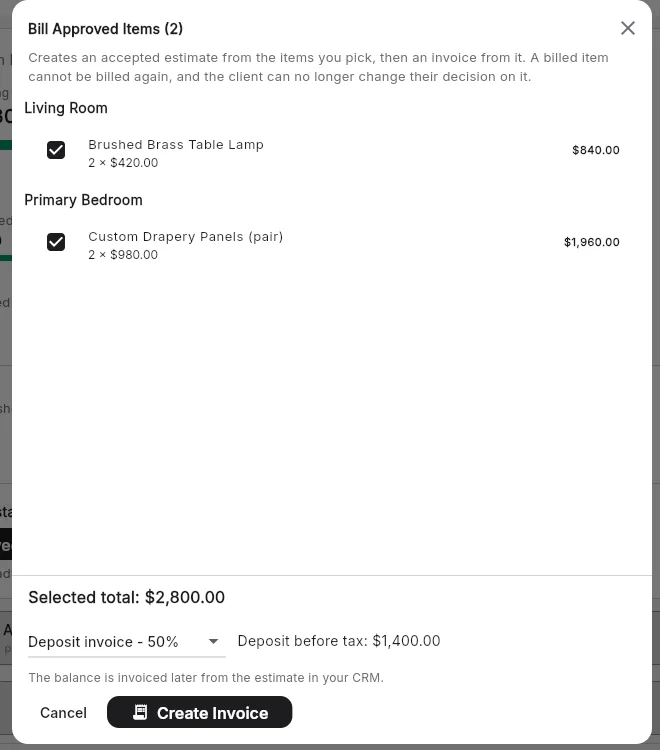 Bill Approved Items: deposit invoice or full invoice