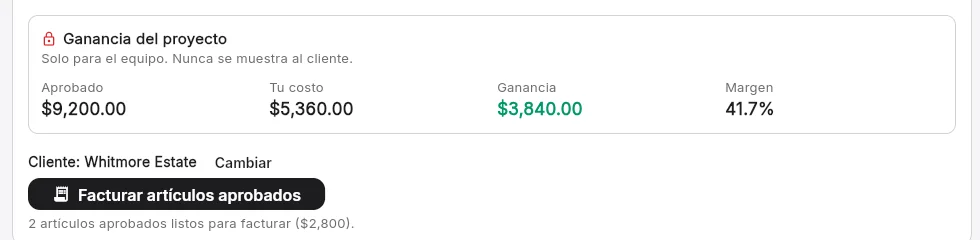Ganancia del proyecto, solo para el equipo: costo, ganancia y margen