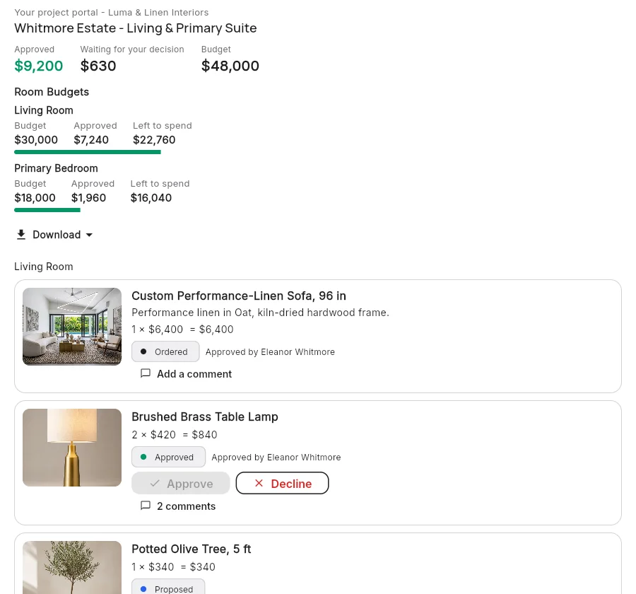 Interior design client portal: your client approves or declines each item