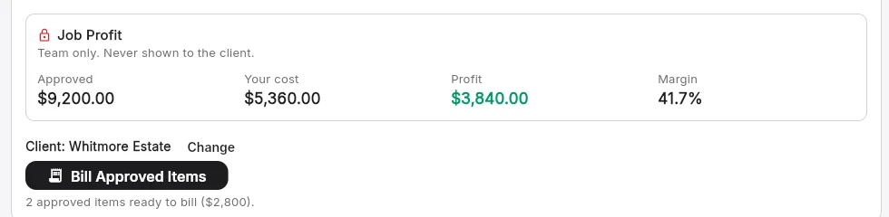 Job Profit, team only: cost, profit and margin