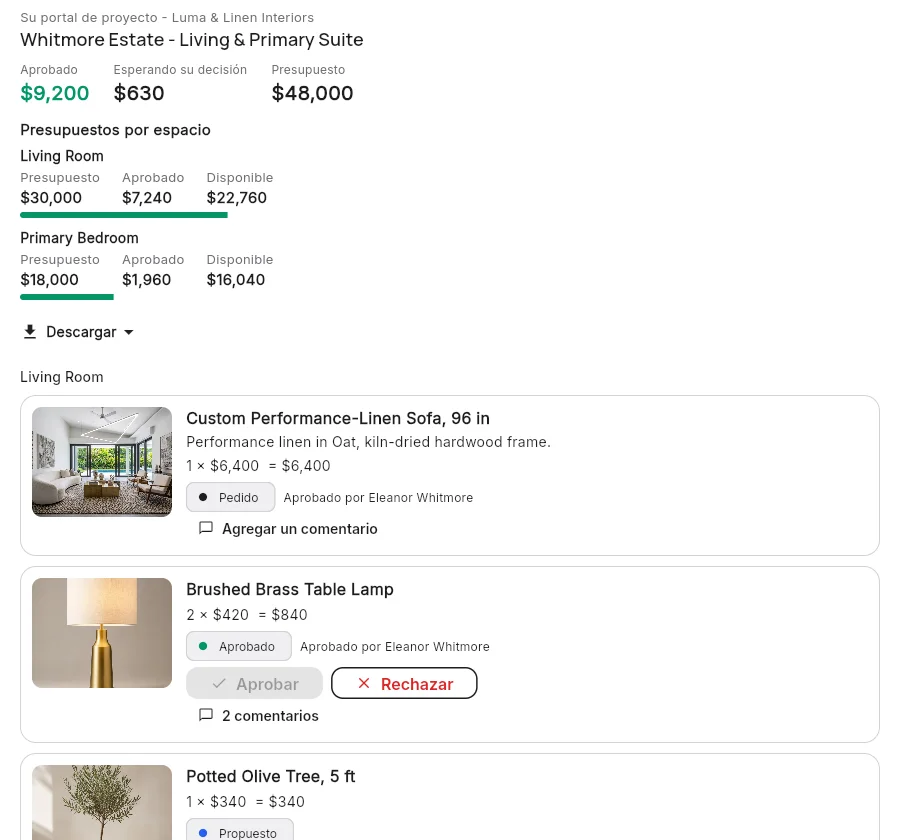 Portal de clientes para diseño de interiores: tu cliente aprueba o rechaza cada artículo