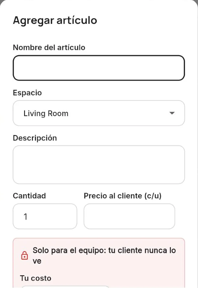 El recuadro Solo para el equipo: costo, proveedor y SKU nunca llegan al cliente