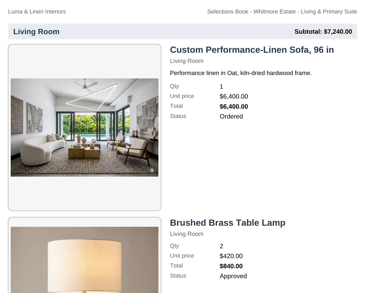 Selections Book (PDF): a spec sheet with photo and price per item