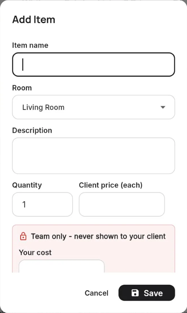 The Team only box: cost, vendor and SKU never reach the client