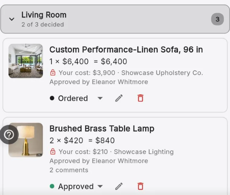 Items with price, your cost and who approved them