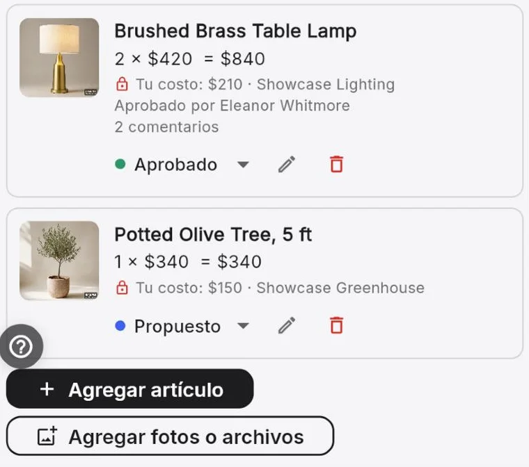 Artículos con precio, tu costo y quién los aprobó