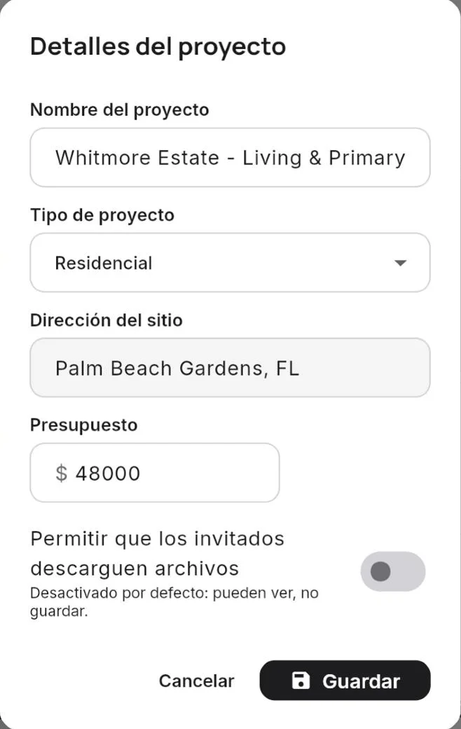 Detalles del proyecto, con descargas apagadas