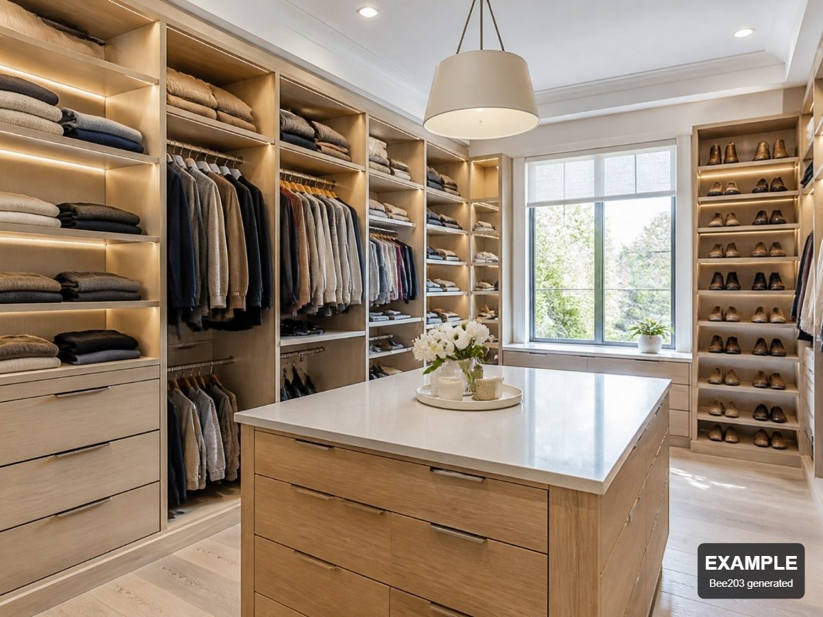 A custom walk-in closet with oak shelving and a center island from the Grainhaven Closets & Millwork demo